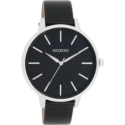 Afbeelding van OOZOO Timepieces Zilverkleurige horloge met zwarte leren band C11293