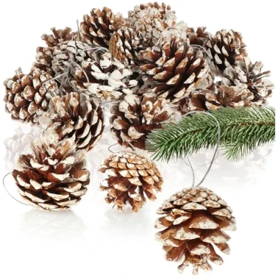 Afbeelding van COM FOUR® 30 x dennenappelhangers met witte punten, dennenappels als kerstdecoratie, decoratie van kegels om op te hangen, knutselset (30 kegels, punten)