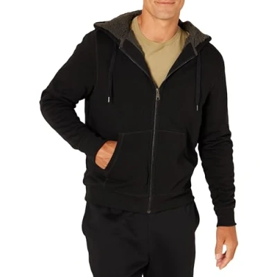 Image de Amazon Essentials Chandail à capuche en molleton, doublé Sherpa et fermeture éclair sur toute la longueur, pour homme noir, taille XXXL grande
