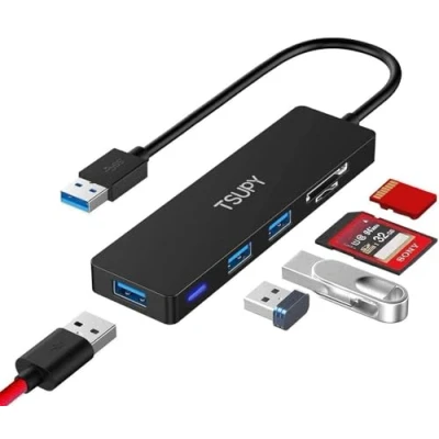 Afbeelding van TSUPY USB Hub 3.0 5 in 1, Verlengkabel 3 + micro sd kaartlezer Splitter voor stick geheugenkaart, etc.