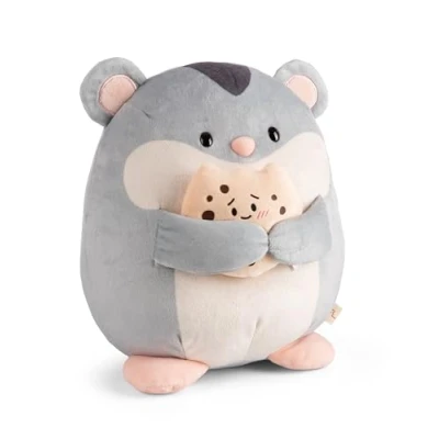 Afbeelding van MYMOCHI Shai pluche hamster, 27 cm, met grijs koekje, zachte pluche, schattige pop, om te spelen, voor kinderen en volwassenen, een geweldig cadeau idee