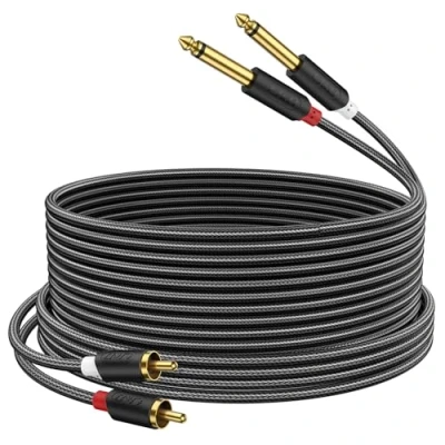 Afbeelding van J&amp;D Dual 1/4 inch TS naar RCA verbindingskabel, Vergulde Audiowave Series 2 x 6,35 mm Mannelijk Stereo Audio Adapter met PVC Behuizing van Nylon Braid (4,5 meter)