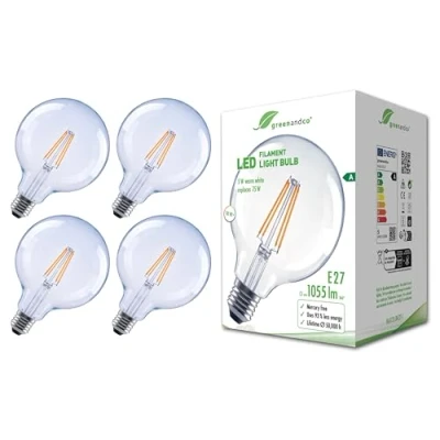 Afbeelding van greenandco 4 x transparante led filamentlampen, E27 G125, 5 W, 1055 lm, vervangt 75 2700 K, warmwit, 320 graden, 230 V, flikkervrij, energieklasse A, niet dimbaar