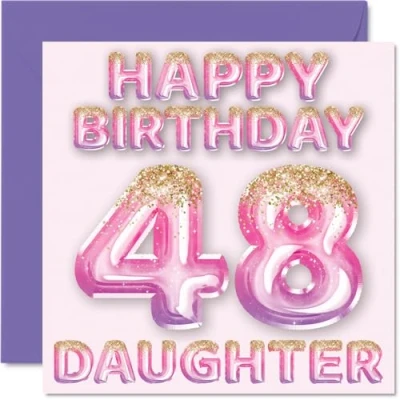 Afbeelding van Verjaardagskaart voor meisjes 48 jaar, roze en paarse glitterballonnen, verjaardagskaarten jarige dochter van mama papa, 145 mm x