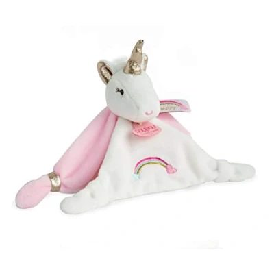 Afbeelding van Doudou et Compagnie Unicorn plat vierkant 20 cm roze/wit geboortegeschenk Lucie La Licorne DC3312