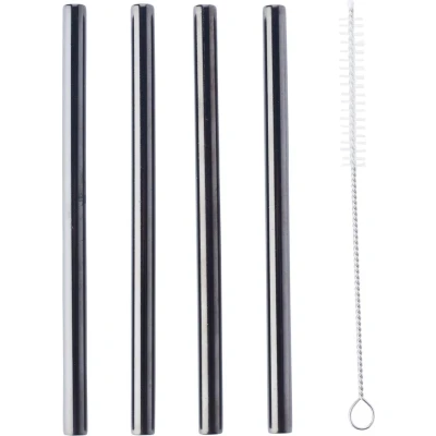Afbeelding van Point Virgule Set Van 4 Korte Cocktailrietjes Uit Rvs Zwart Met Reinigingsborstel 14cm
