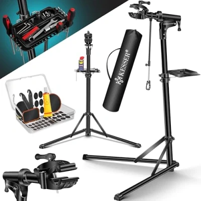 Afbeelding van KESSER® Fietsmontagestandaard, professionele reparatiestandaard, aluminium, voor fietsen, mountainbikes, e bike, zware belasting, montagestandaard, fietsstandaard + tas met snelontgrendelingsvoorzieningen, 360 graden draaibaar, zwart