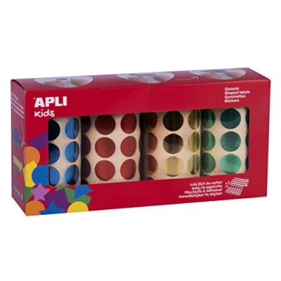 Afbeelding van APLI Kids 102410 set van 4 rollen ronde metalen stickers Ø 20 mm blauw, rood, geel en groen