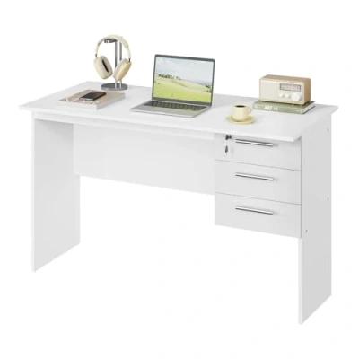 Afbeelding van WOLTU Computerbureau, bureau van spaanplaat, werktafel, pc, tafel met 3 laden en slot, 120 x 59 75 cm (b d h), wit, TS59ws