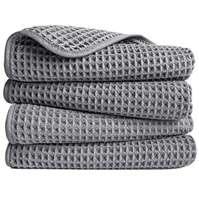 Afbeelding van POLYTE Set van 4 pluisvrije microvezel handdoeken, 40 x 76 cm, grijs, wafelweefsel