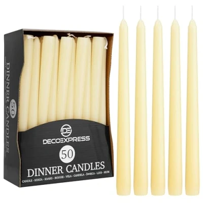 Afbeelding van lange kaarsenset, witte of gekleurde 10, 15, 50 kaarsen, 25 cm, levensduur, 8 uur dripless (Ivoor stuks)
