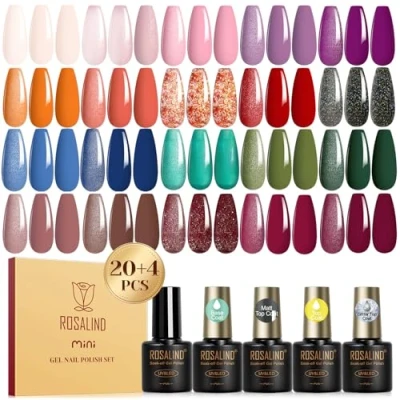 Afbeelding van ROSALIND semi permanente nagellak, 24 stuks, bruin, roze, oranje, rood, paars, blauw, groen, permanent, mini soak off, UV/LED, manicureset
