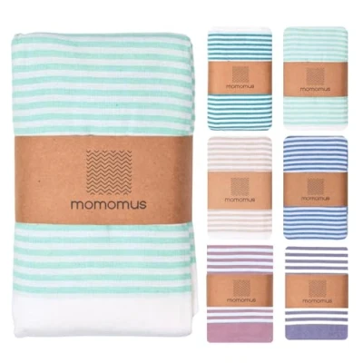 Afbeelding van MOMOMUS Fouta XXL strandlaken of picknicklaken voor strand, gestreepte deken met franjes, tapijt, zandvrije strandhanddoek picknickdeken, turquoise, 210 x 240 cm