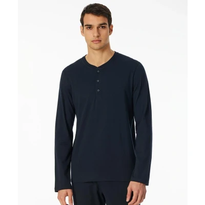 Afbeelding van Schiesser T shirt lange mouw knoopsluiting heren pyjamashirt nachtblauw Maat S