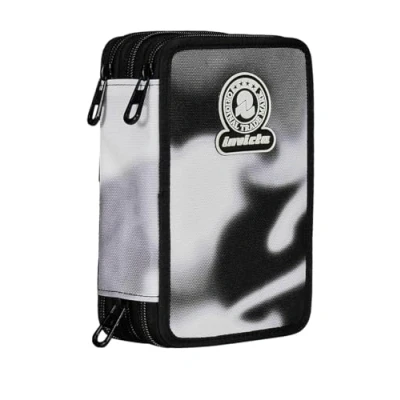 Afbeelding van Invicta Schooltas met 3 ritssluiting, zwart en grijs, drievoudig volledig vak pennen, potloden stiften, schoolaccessoires, rugzakaccessoires, basisschool, kind, zwart, zwart., School