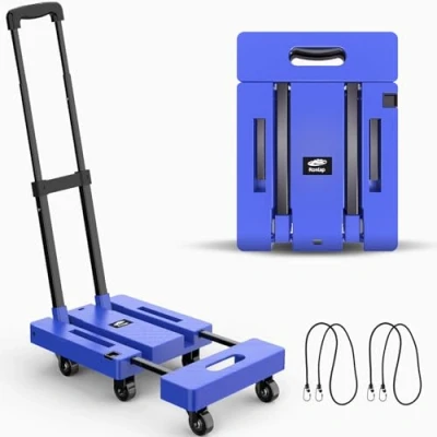 Afbeelding van Ronlap opvouwbare steekwagen, handwagen met 6 wielen, 2 elastische touwen, robuuste bagagetrolley 225 kg capaciteit, voor het vervoer van bagage, blauw