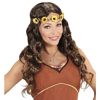 Afbeelding van Widmann 04659 Hippie Middeleeuwse bruine pruik met hoofdband, carnaval, themafeest