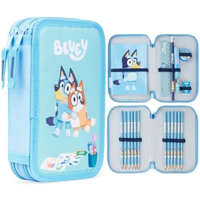 Afbeelding van Bluey Pennenetui gevuld voor kinderen met 2 vakken, inclusief schrijfwaren basisschoolbenodigdheden, Blauw, één maat, pennenetui, Potloodtassen