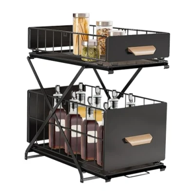 Afbeelding van Drumm Opberglade met 2 etages, organizer onder de gootsteen, afneembare uittrekbare manden van metaal, kruidenhouder voor keuken, badkamer, kantoor (40 x 26 43 cm (zwart)
