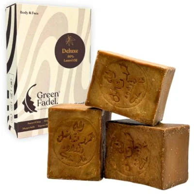 Afbeelding van Green Fadel Aleppo Deluxe Luxe zeep, 40% laurierolie, 60% olijfolie, 3 x 200 g, met zeepzakje, handgemaakt, veganistisch, pure natuurlijke zeep voor gezicht en lichaam, stuks