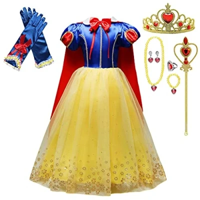 Afbeelding van Lito Angels Prinses, sneeuwwitje, Halloween kostuum, verjaardagsfeest, verkleedfeest, met pet en accessoires voor kinderen, meisjes, leeftijd 8 9 jaar, stijl C