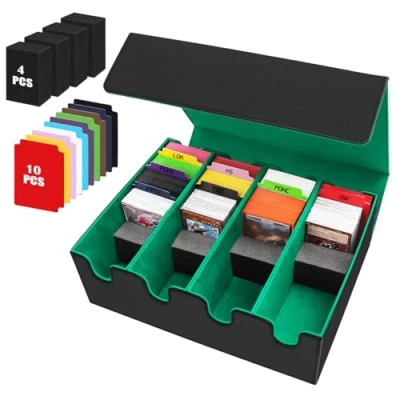Afbeelding van VEUWOLM Verzamelkaartenopbergdoos met 10 zwarte scheidingswanden, premium magnetische doos, PU lederen hoes voor TCG Magic The Gathering kaarten (zwart groen)
