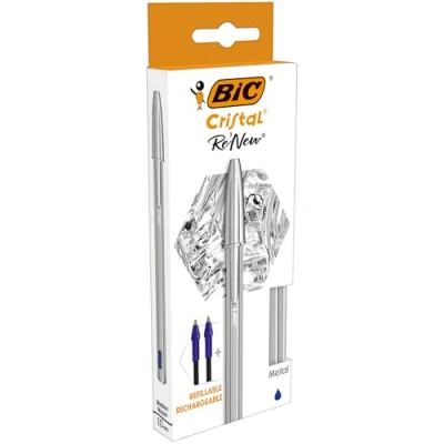 Afbeelding van balpen Bic Cristal Re new medium blauw blister à 1 + 2 vullingen