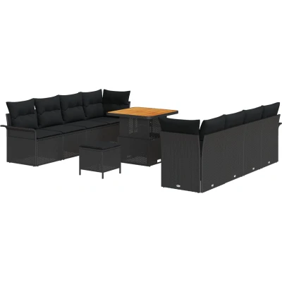 Afbeelding van vidaXL 11 delige Tuinbank Set met Kussens Zwart Poly Riet Acacia