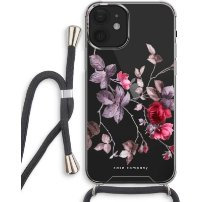 Afbeelding van Case Company® hoesje met Koord geschikt voor iPhone 12 mini Mooie bloemen Telefoonhoesje Zwart Extra Bescherming aan alle Kanten en Over de Schermrand