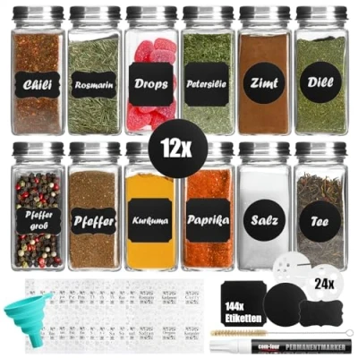 Afbeelding van COM FOUR® 12 x kruidenpotjes met accessoires kruidencontrole van glas 120 ml, irrigatieaccessoires, kwast, trechter, etiketten, pen (12 stuks brillen accessoires)