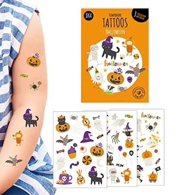 Afbeelding van 3 vellen tijdelijke tatoeages om op te plakken voor kinderen, Halloween, tatoeages, 100% veganistisch en hypoallergeen, cadeau idee verjaardagscadeau