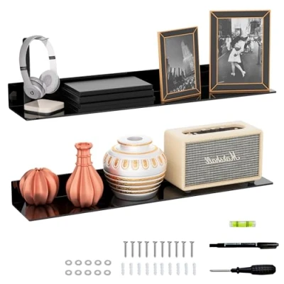 Afbeelding van Sezanrpt Set van 2 lange acryl wandplanken 76 cm Voor badkamer Zwart