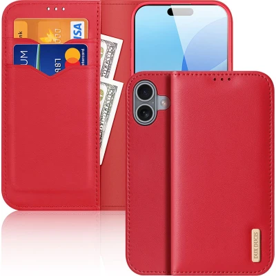 Afbeelding van Dux Ducis Hivo Hoesje Geschikt voor Apple iPhone 16 RFID Book Case Ruimte Pasjes en Briefgeld Standaard Rood