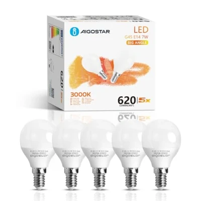 Afbeelding van Aigostar Ledlamp E14 G45, 7 W verbruikt komt overeen met 49 W, warm licht 3000 K, 620 lumen, hoek van 180 graden, CRI ≥ 80, 5 stuks doos