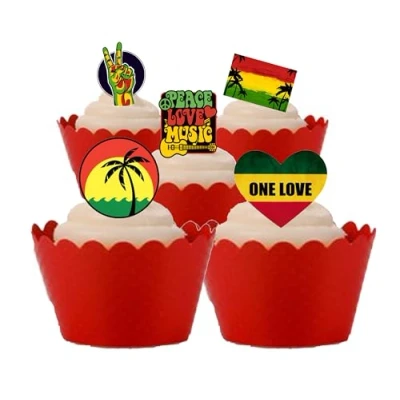 Afbeelding van 27 stuks taartdecoraties van eetbaar papier met rastafari muziek thema