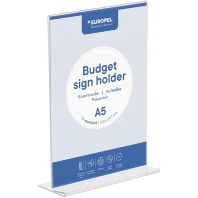 Image de Europel Budget Présentoir de table, Base T, format A5 Portrait, Polystyrène limpide 1,5 mm, affichette, pour restaurants, hôtels, conférence, réception, Autoportant et Double face Transparent