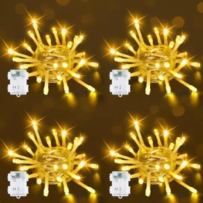 Afbeelding van Bowfar Lichtsnoer voor buiten, 2 m, 20 leds, warmwit, met 6 uur timer, IP65 waterdicht, binnen, slaapkamer, feest, Kerstmis en buiten (4 stuks, transparante kabel)