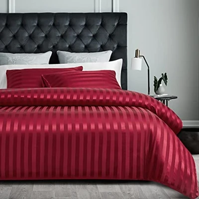 Afbeelding van Satijn beddengoed 200 x cm wijnrood zijdeglans gestreept set 3 delig hoogwaardig luxe dekbedovertrek met verborgen ritssluiting en 2 kussenslopen 80 cm,