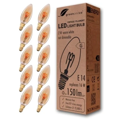 Afbeelding van Greenandco® led gloeilamp, vintage, E14, 2 W (komt overeen met 16 W), 150 lm, 2000 K, warm wit, 360 graden, 230 V, glas, niet dimbaar, 10 stuks