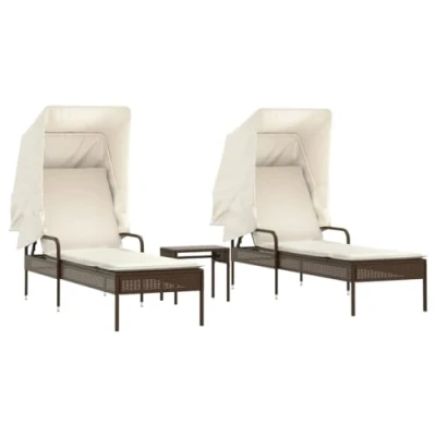 Afbeelding van vidaXL Ligbedden 2 st met luifels en tafel poly rattan bruin