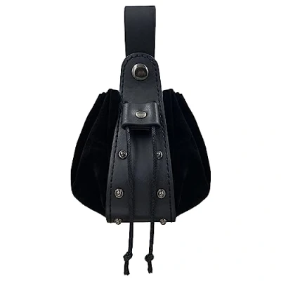 Afbeelding van HiiFeuer Middeleeuwse vintage PU lederen tas met trekkoord, handtas, portemonnee, klinknageltas, riem, kubustas voor rollenspel, Zwart B