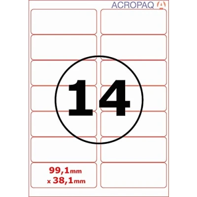 Afbeelding van Stickervellen A4 Etiketten, 100 vellen, 14 per vel, 99 x 38 mm Adresetiketten, Etiketten stickers ACROPAQ