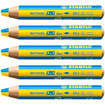 Afbeelding van STABILO woody Duo kleurpotloden, aquarel en waskrijt, 3 in 1, duo, tweekleurige vulling, geel/cyaan blauw, 5 stuks