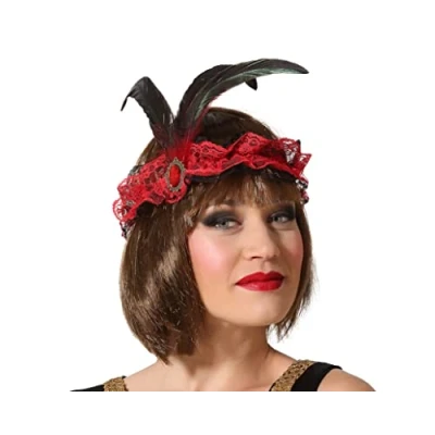 Afbeelding van Atosa Charleston Flapper Hoofdband tule en veertjes rood Dames jaren 20/Twenties thema/Charleston