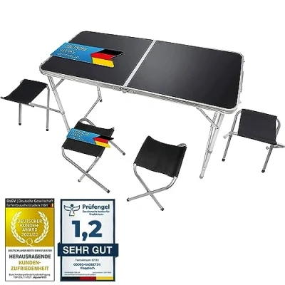 Afbeelding van Multifunctionele klaptafel, campingtafel, markttafel, in hoogte verstelbaar, springtafel, bijzettafel voor camping (campingset met 4 stoelen, zwart)