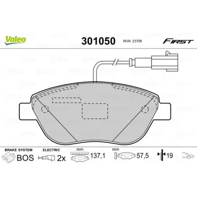 Afbeelding van VALEO 301050 Remblokkenset FIRST Vooras Incl. slijtage waarschuwingscontact Zonder anti kreukplaat FIAT: Doblo II Estate, Punto Evo Hatchback, BRAVO 2