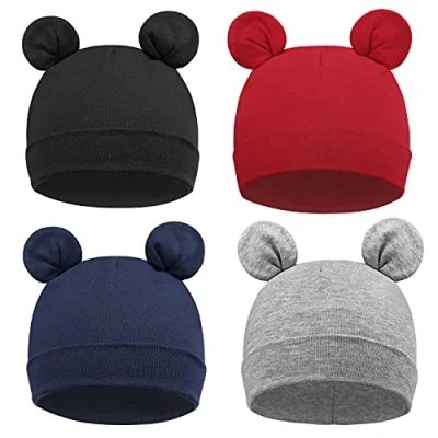 Afbeelding van DRESHOW Babymuts voor pasgeborenen, peuters, zacht, schattig, gebreid, baby&#039;s, jongens, kinderen, mutsen, 4 Pack Bear Ears: Zwart, Rood, Blauw, Grijs