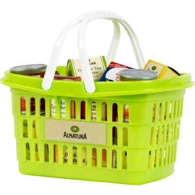 Afbeelding van Klein Toys Alnatura winkelmandje incl. talrijke accessoire doosjes en blikken met producten gemaakt van bio plastic gerecycled materiaal groen