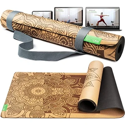 Afbeelding van Kurk yogamat met natuurlijk rubber, duurzame yogamat, antislip, vrij van schadelijke stoffen, antislipzones, incl. matriem en toepassingsvideo&#039;s, kurk, kurkmatten, yoga