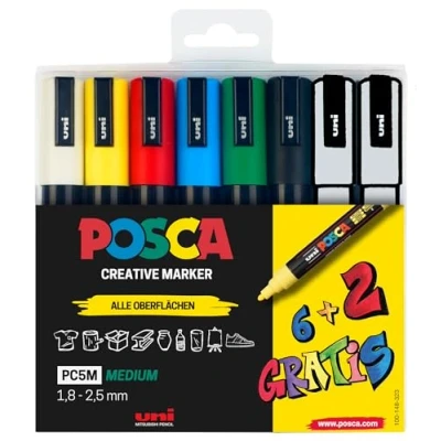 Afbeelding van Faber Castell Uni ball Posca PC 5M 186826 acrylstiften, 6 standaardkleuren + 2 speciale veranderende kleuren, 1,8 tot 2,5 mm, 8 stuks